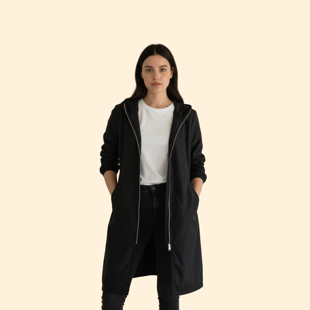 Hooded Longline Jacket Black Women's Zip-Up Drawstring Parka – Casual, Everyday, Holiday, Gift