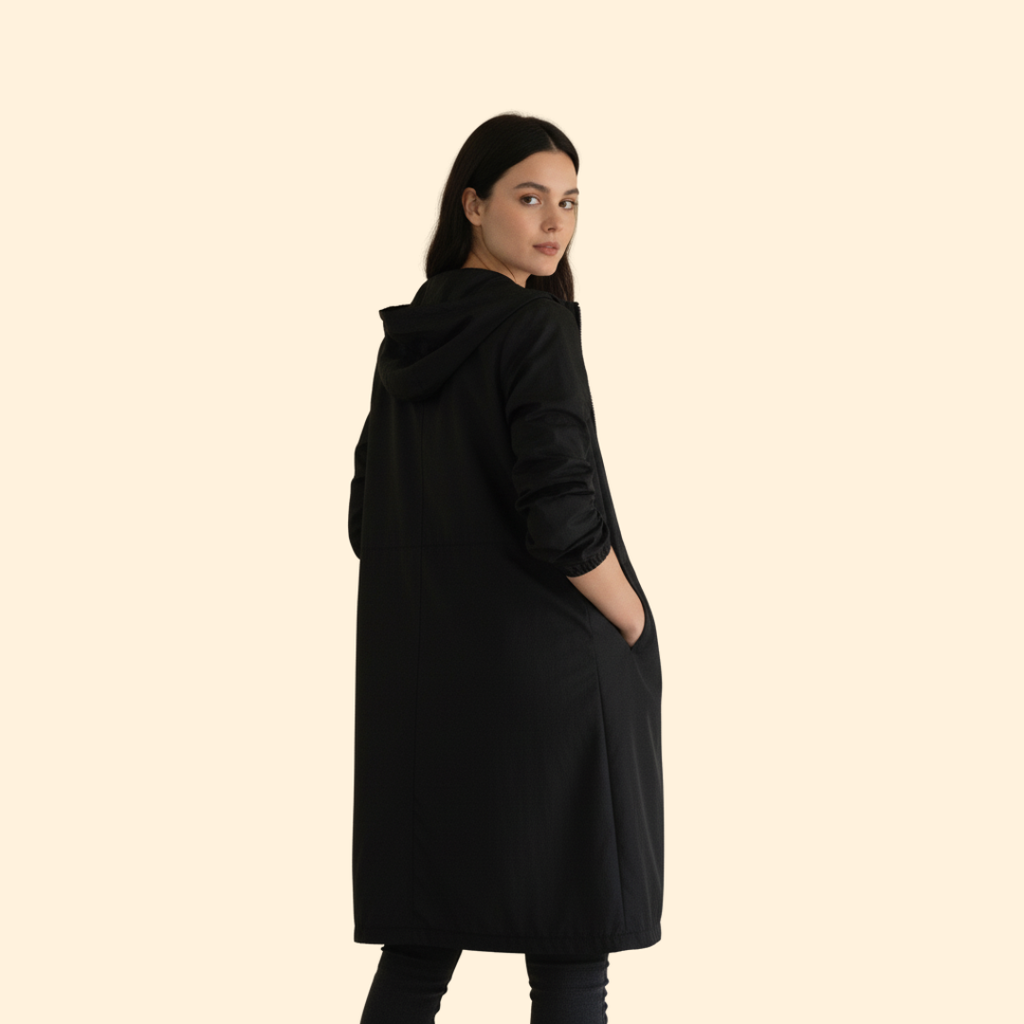 Hooded Longline Jacket Black Women's Zip-Up Drawstring Parka – Casual, Everyday, Holiday, Gift
