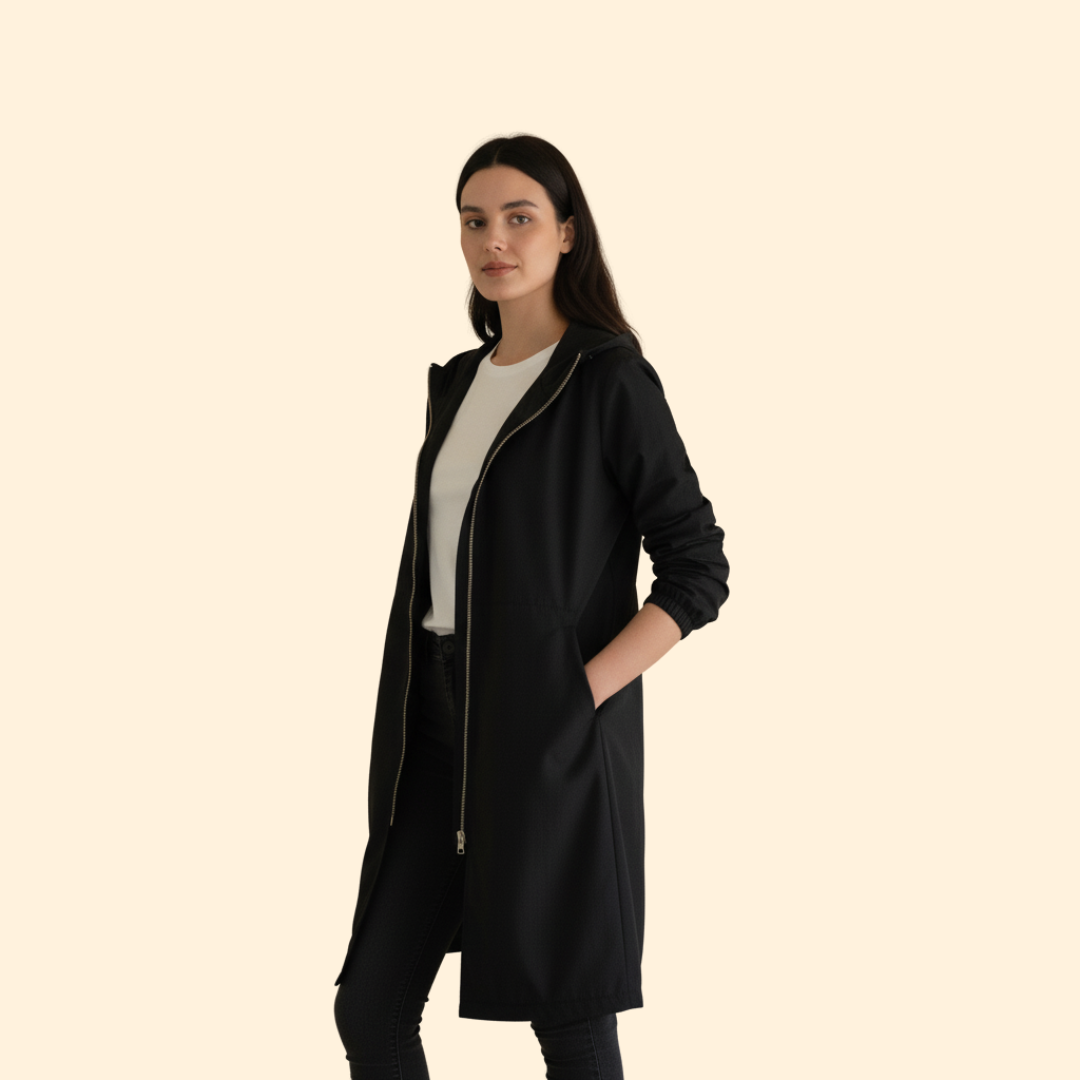 Hooded Longline Jacket Black Women's Zip-Up Drawstring Parka – Casual, Everyday, Holiday, Gift