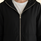 Hooded Longline Jacket Black Women's Zip-Up Drawstring Parka – Casual, Everyday, Holiday, Gift