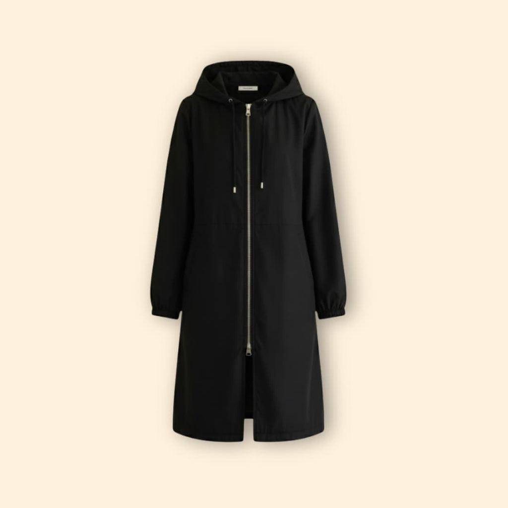 Hooded Longline Jacket Black Women's Zip-Up Drawstring Parka – Casual, Everyday, Holiday, Gift