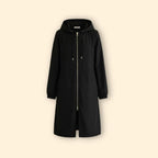 Hooded Longline Jacket Black Women's Zip-Up Drawstring Parka – Casual, Everyday, Holiday, Gift