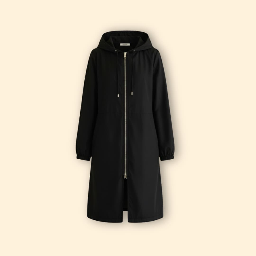 Hooded Longline Jacket Black Women's Zip-Up Drawstring Parka – Casual, Everyday, Holiday, Gift