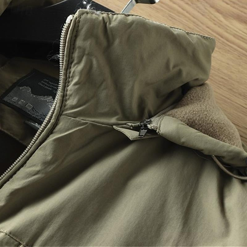 Hooded Outdoor Jacket Khaki Fleece-Lined Men's – Casual, Camping, Hiking, Everyday Wear