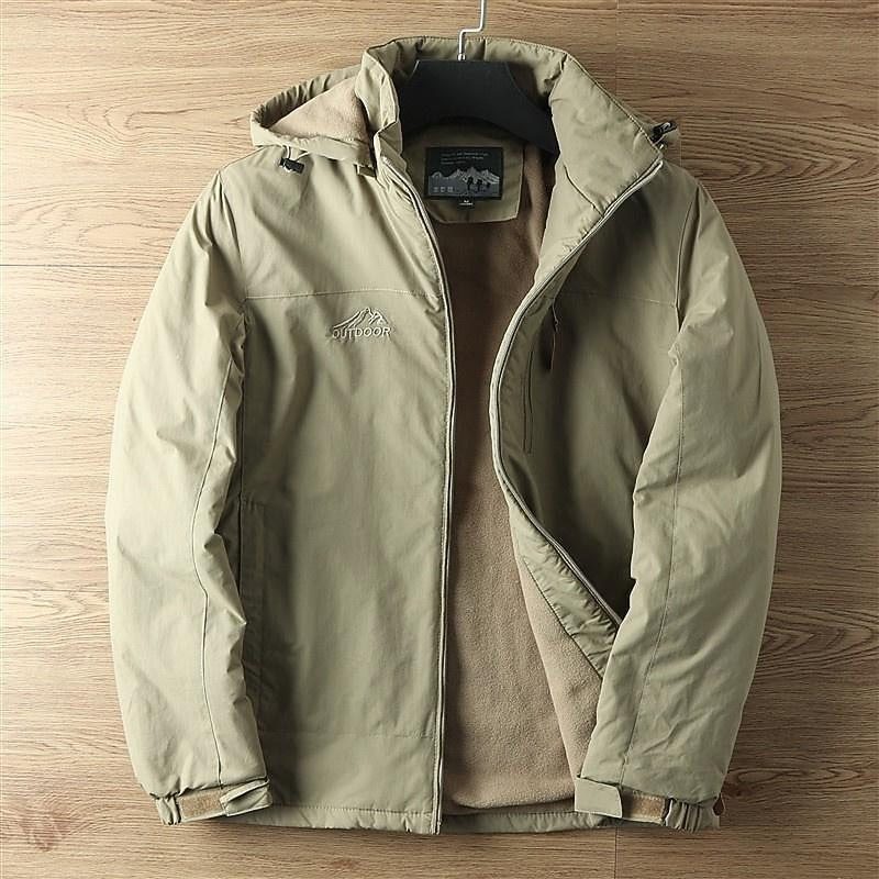 Hooded Outdoor Jacket Khaki Fleece-Lined Men's – Casual, Camping, Hiking, Everyday Wear