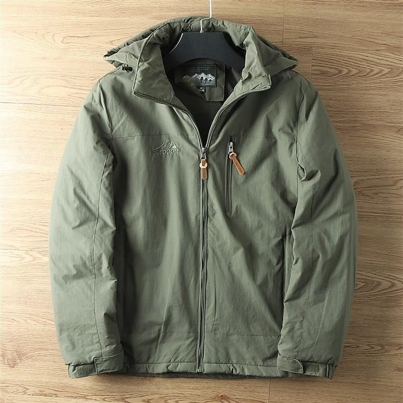 Hooded Outdoor Jacket Khaki Fleece-Lined Men's – Casual, Camping, Hiking, Everyday Wear