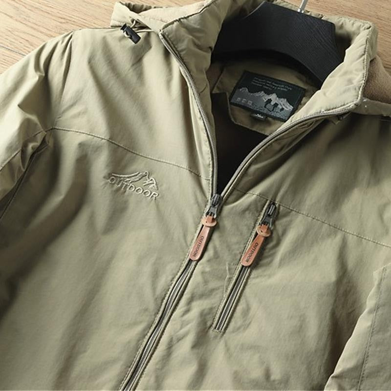 Hooded Outdoor Jacket Khaki Fleece-Lined Men's – Casual, Camping, Hiking, Everyday Wear