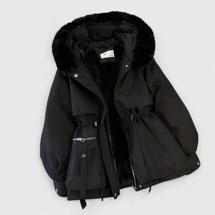 Hooded Parka Jacket Fleece-Lined Beige Women's Faux Fur Trim – Casual, Winter Warmth