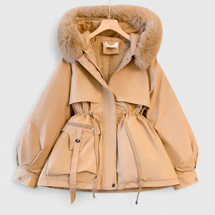 Hooded Parka Jacket Fleece-Lined Beige Women's Faux Fur Trim – Casual, Winter Warmth