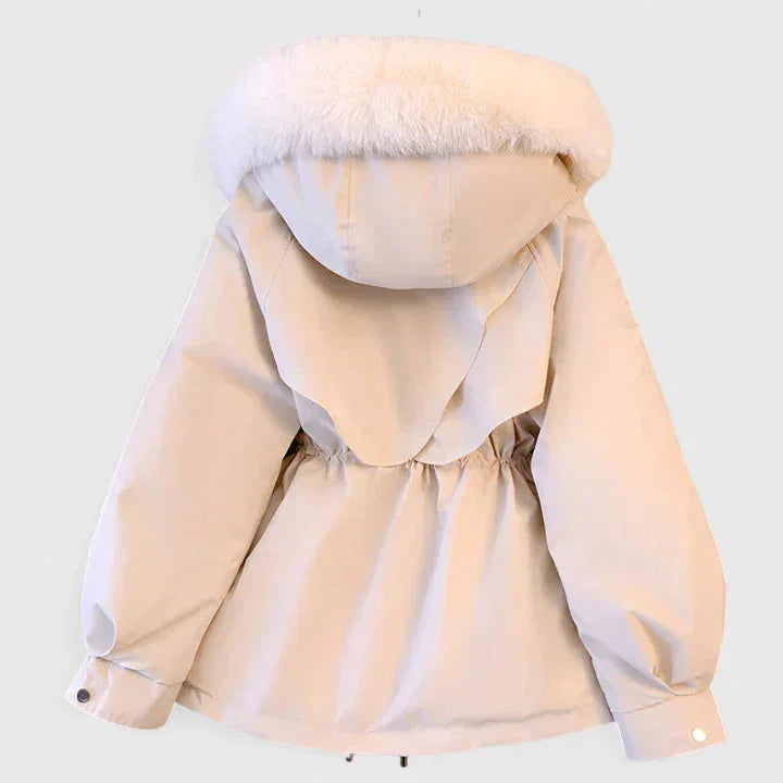 Hooded Parka Jacket Fleece-Lined Beige Women's Faux Fur Trim – Casual, Winter Warmth