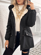 Hooded Parka Jacket Fleece-Lined Black Women's Drawstring Zip Coat – Casual, Winter Warmth