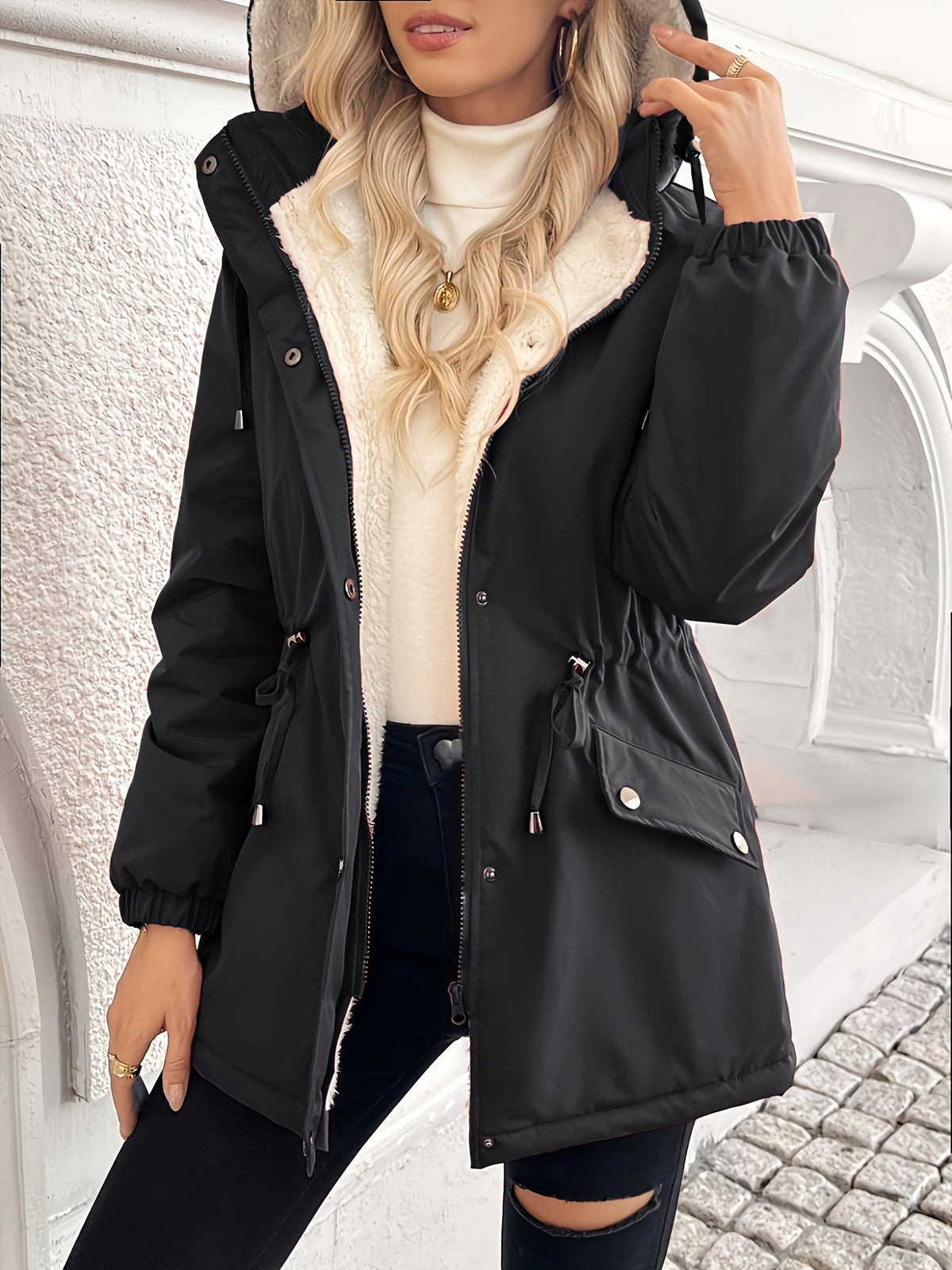 Hooded Parka Jacket Fleece-Lined Black Women's Drawstring Zip Coat – Casual, Winter Warmth