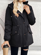 Hooded Parka Jacket Fleece-Lined Black Women's Drawstring Zip Coat – Casual, Winter Warmth