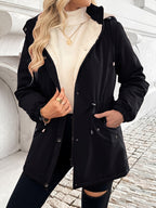 Hooded Parka Jacket Fleece-Lined Black Women's Drawstring Zip Coat – Casual, Winter Warmth
