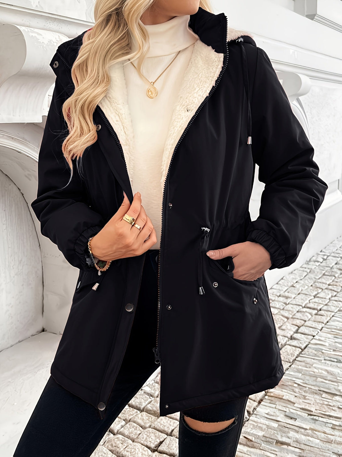 Hooded Parka Jacket Fleece-Lined Black Women's Drawstring Zip Coat – Casual, Winter Warmth
