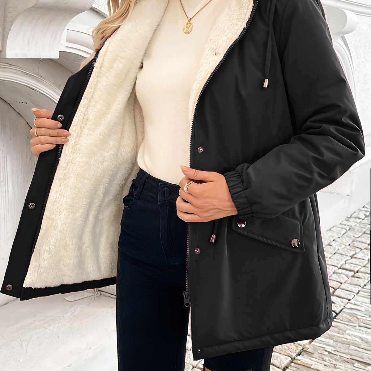 Hooded Parka Jacket Fleece-Lined Black Women's Drawstring Zip Coat – Casual, Winter Warmth