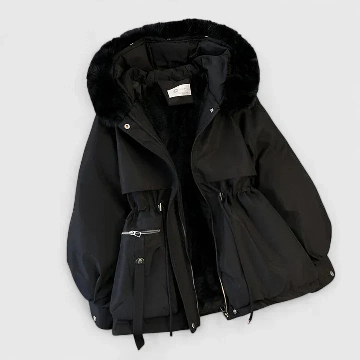 Hooded Parka Jacket Women's Beige Fur-Trim Hood Drawstring Waist – Casual, Winter Outerwear