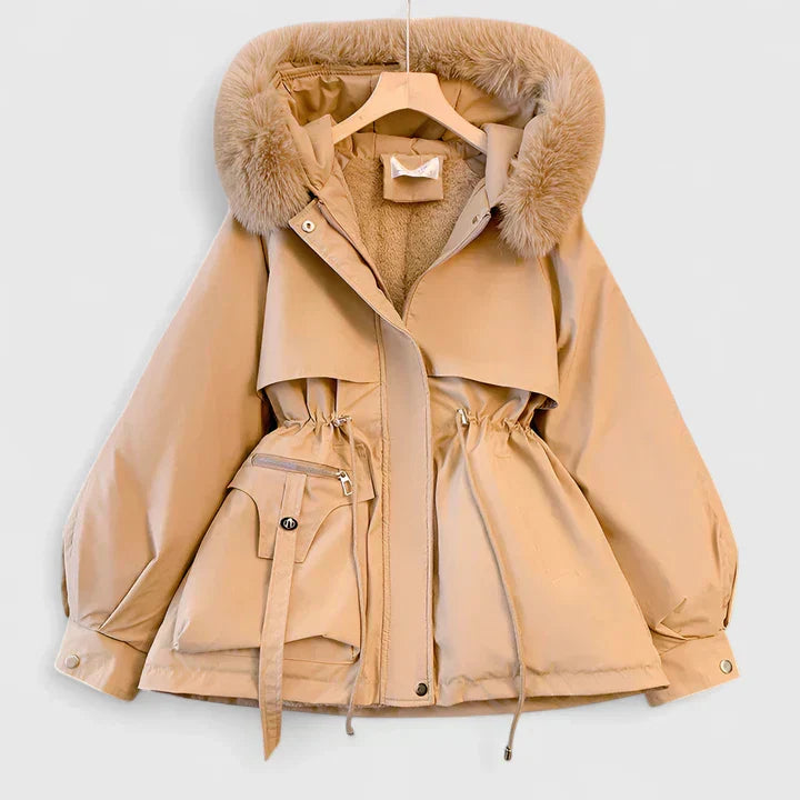 Hooded Parka Jacket Women's Beige Fur-Trim Hood Drawstring Waist – Casual, Winter Outerwear