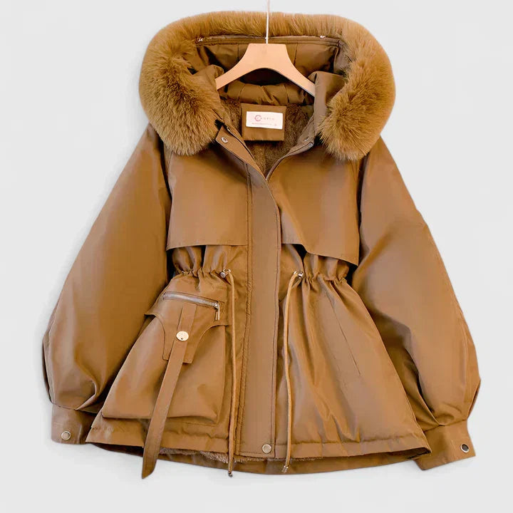 Hooded Parka Jacket Women's Beige Fur-Trim Hood Drawstring Waist – Casual, Winter Outerwear