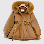 Hooded Parka Jacket Women's Beige Fur-Trim Hood Drawstring Waist – Casual, Winter Outerwear