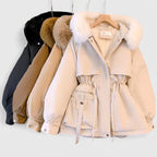 Hooded Parka Jacket Women's Beige Fur-Trim Hood Drawstring Waist – Casual, Winter Outerwear