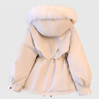 Hooded Parka Jacket Women's Beige Fur-Trim Hood Drawstring Waist – Casual, Winter Outerwear