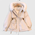 Hooded Parka Jacket Women's Beige Fur-Trim Hood Drawstring Waist – Casual, Winter Outerwear