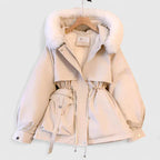 Hooded Parka Jacket Women's Beige Fur-Trim Hood Drawstring Waist – Casual, Winter Outerwear