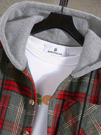Hooded Plaid Shacket Men's Grey Orange Button-Up Jacket – Casual, Autumn Layering