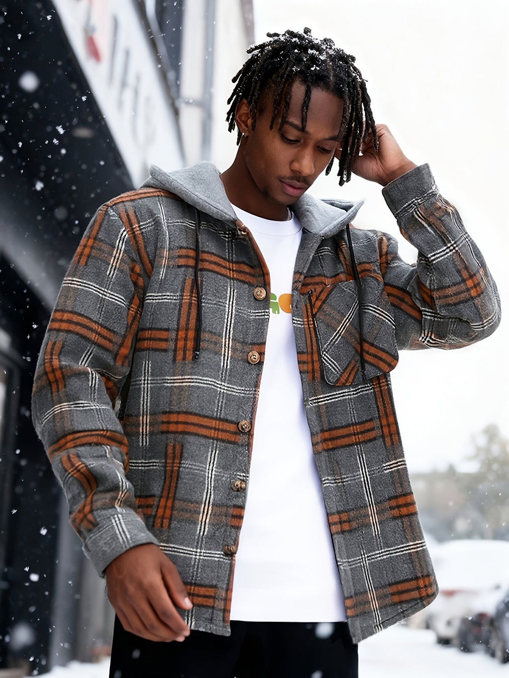 Hooded Plaid Shacket Men's Grey Orange Button-Up Jacket – Casual, Autumn Layering