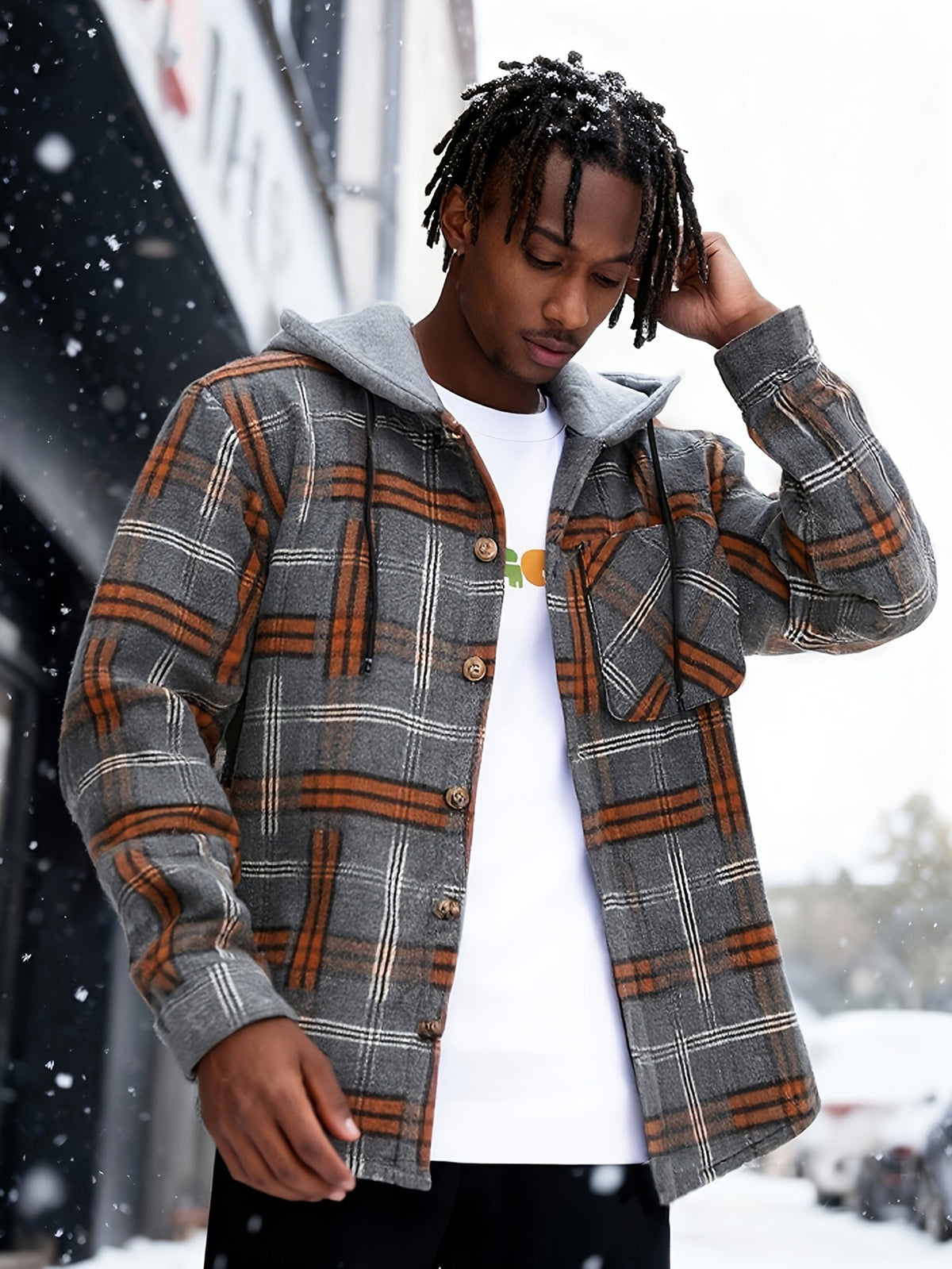Hooded Plaid Shacket Men's Grey Orange Button-Up Jacket – Casual, Autumn Layering