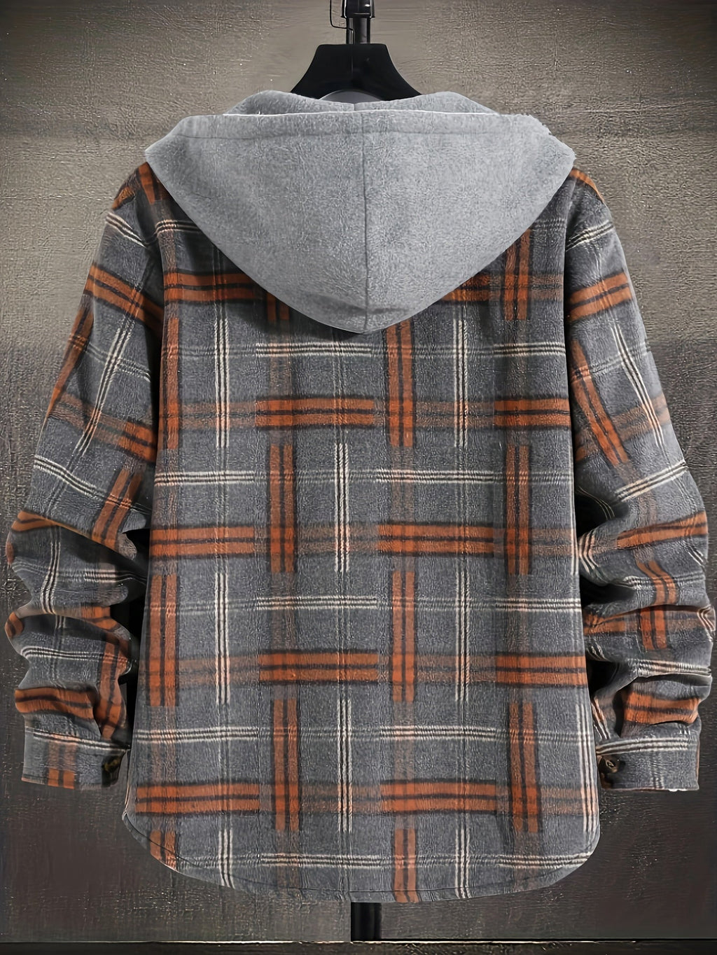 Hooded Plaid Shacket Men's Grey Orange Button-Up Jacket – Casual, Autumn Layering