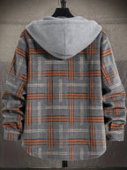 Hooded Plaid Shacket Men's Grey Orange Button-Up Jacket – Casual, Autumn Layering