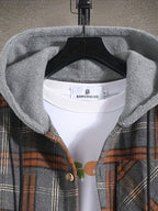 Hooded Plaid Shacket Men's Grey Orange Button-Up Jacket – Casual, Autumn Layering