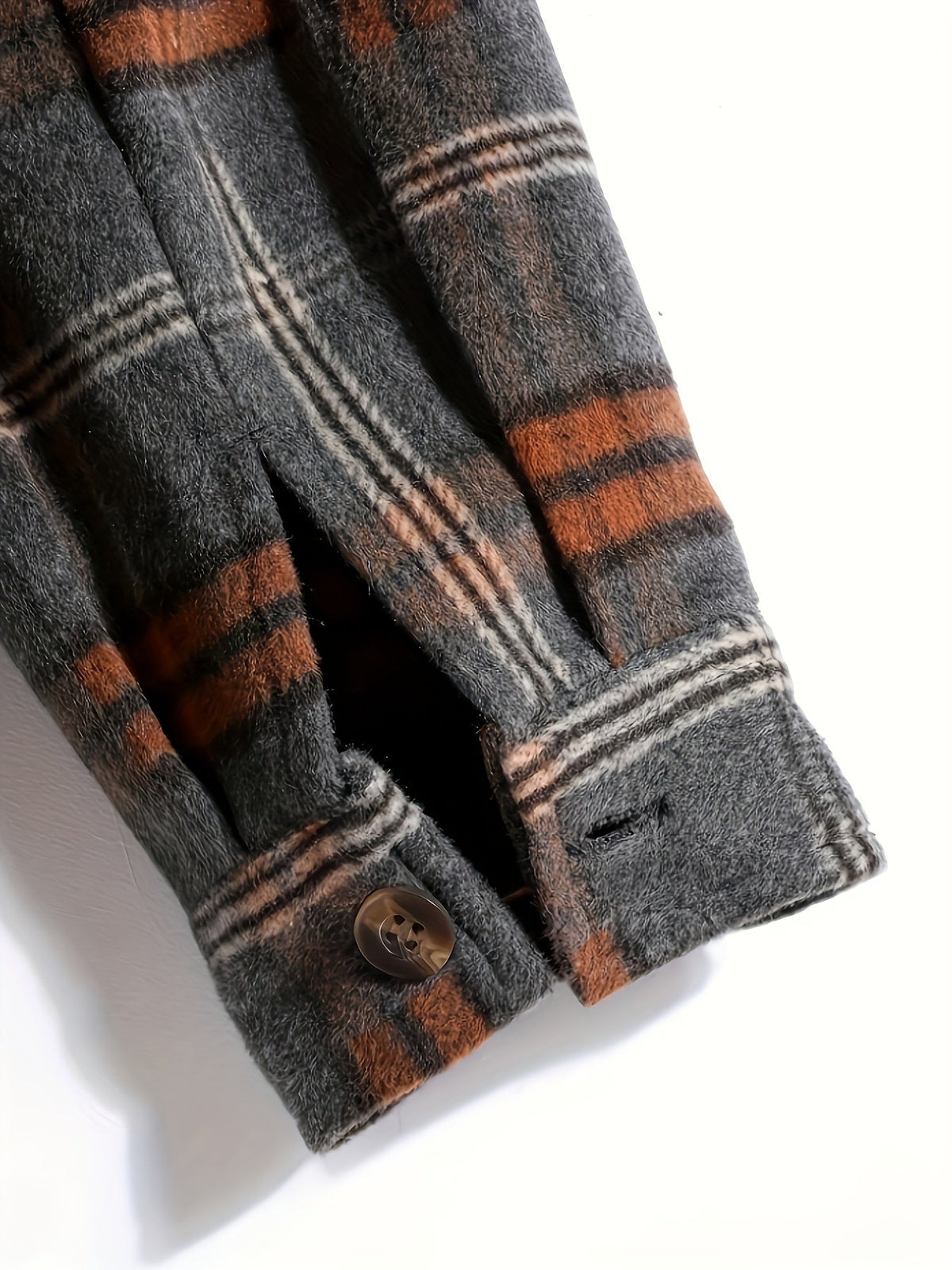 Hooded Plaid Shacket Men's Grey Orange Button-Up Jacket – Casual, Autumn Layering