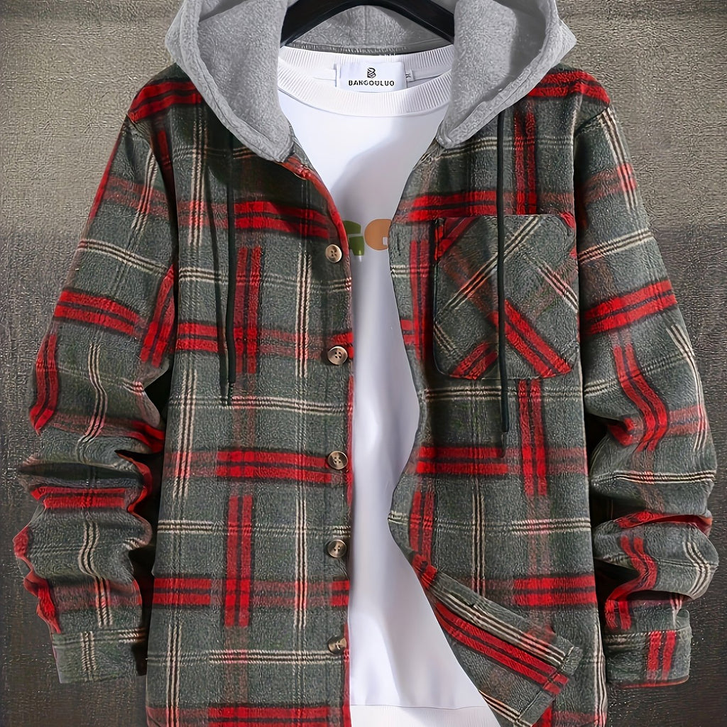 Hooded Plaid Shacket Men's Grey Orange Button-Up Jacket – Casual, Autumn Layering