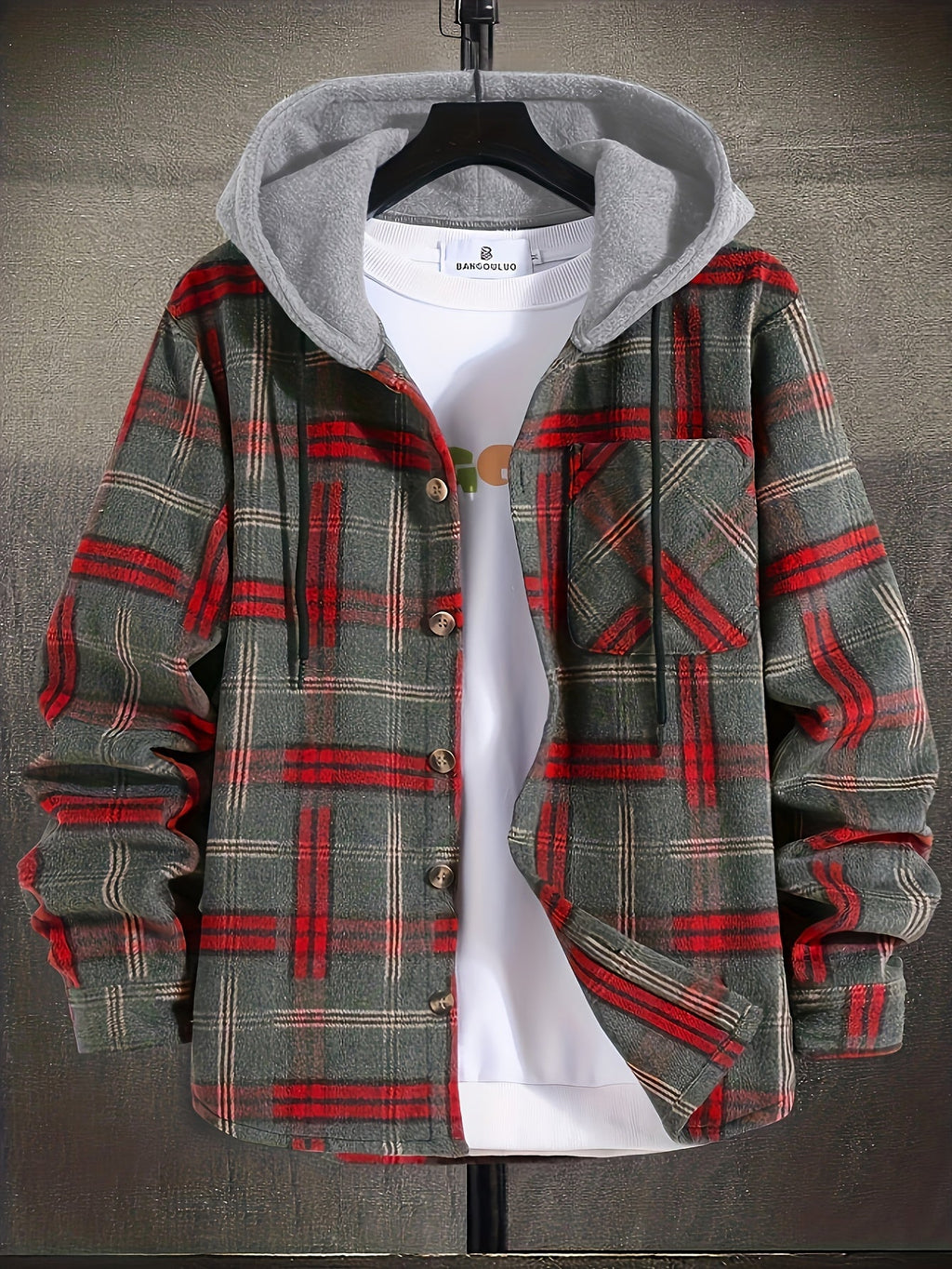 Hooded Plaid Shacket Men's Grey Orange Button-Up Jacket – Casual, Autumn Layering