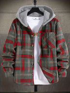 Hooded Plaid Shacket Men's Grey Orange Button-Up Jacket – Casual, Autumn Layering