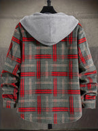 Hooded Plaid Shacket Men's Grey Orange Button-Up Jacket – Casual, Autumn Layering