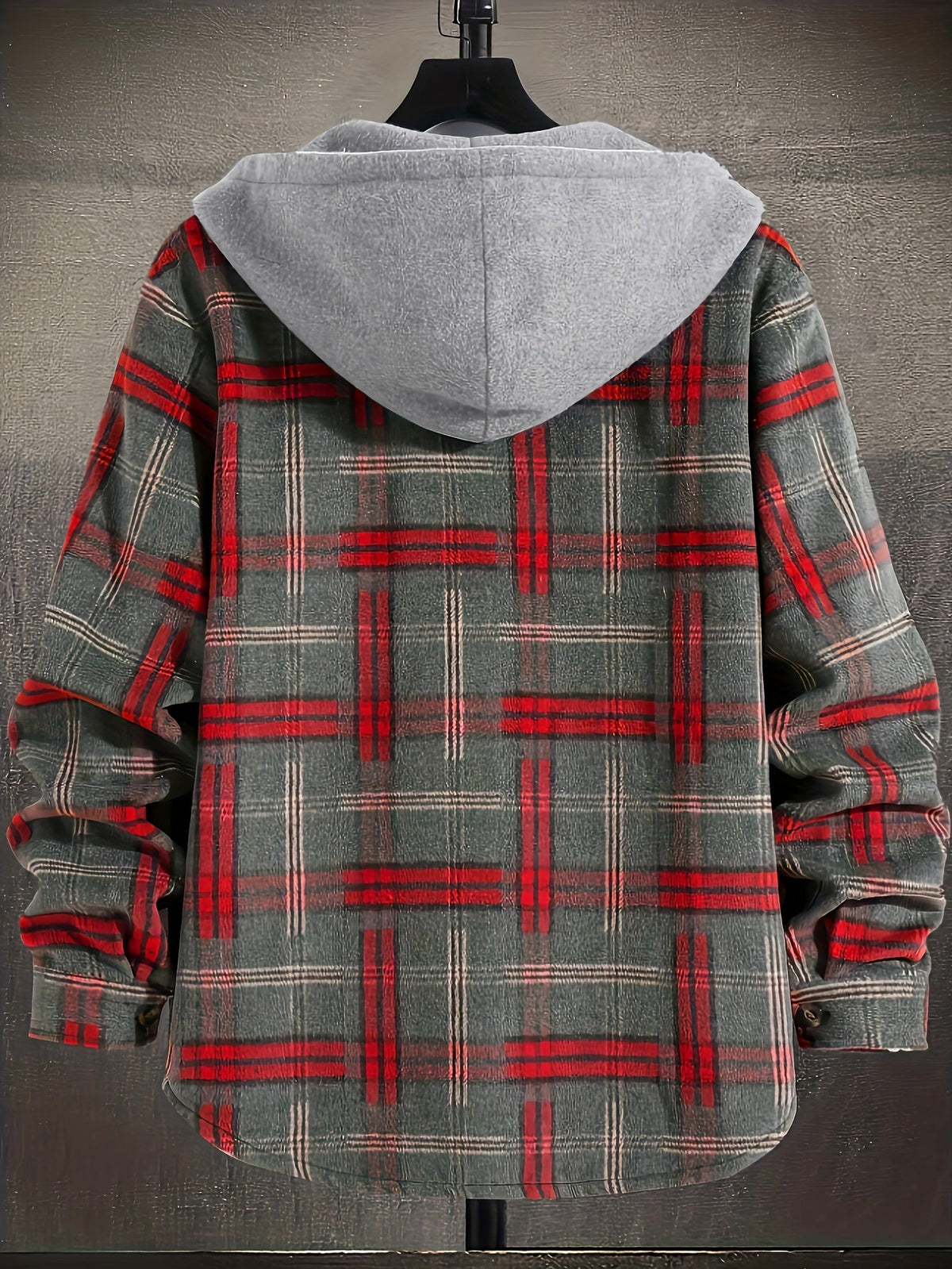 Hooded Plaid Shacket Men's Grey Orange Button-Up Jacket – Casual, Autumn Layering