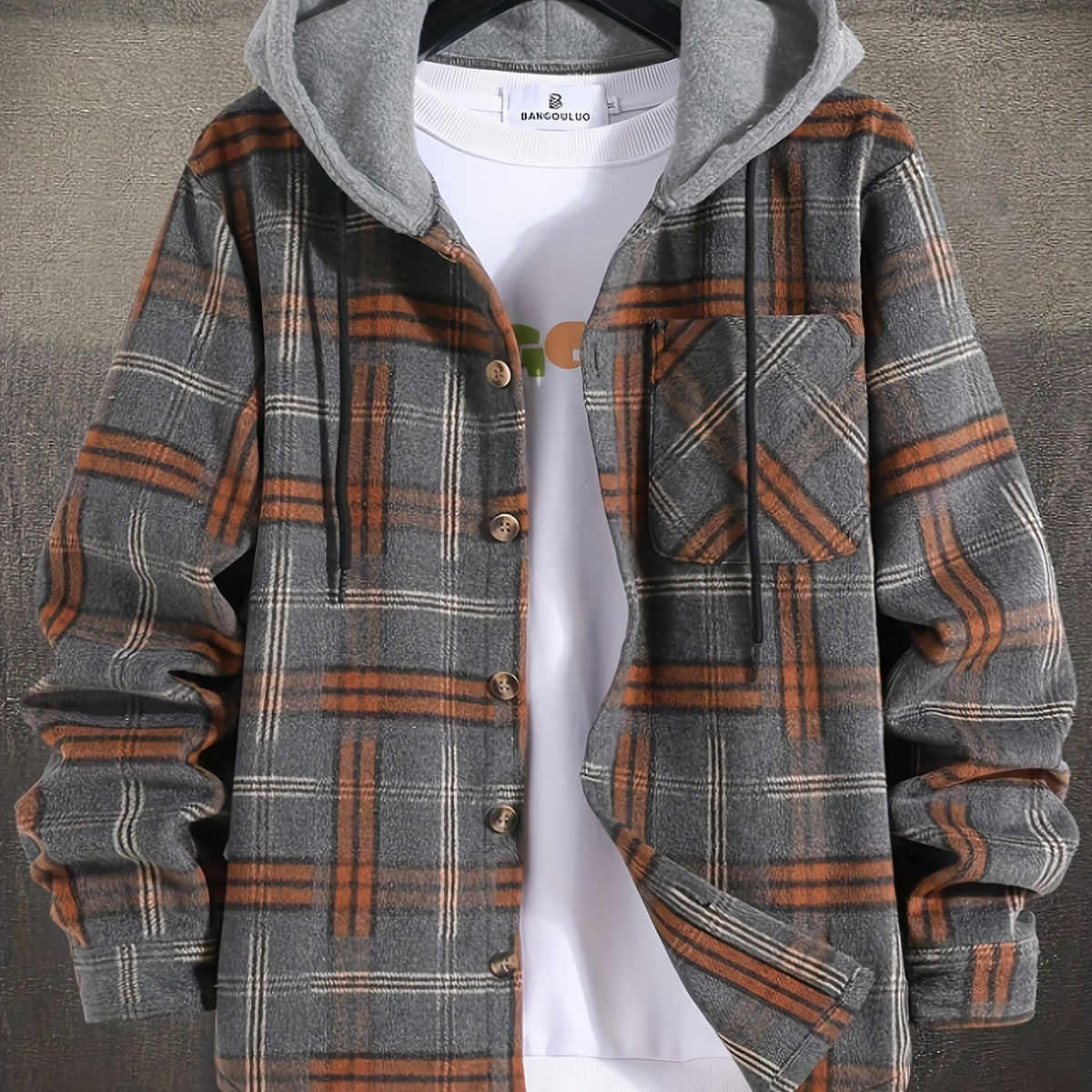 Hooded Plaid Shacket Men's Grey Orange Button-Up Jacket – Casual, Autumn Layering