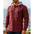 Hooded Plaid Shirt Jacket Men's Black Cream Flannel Button Front – Casual, Outdoor, Autumn Layering