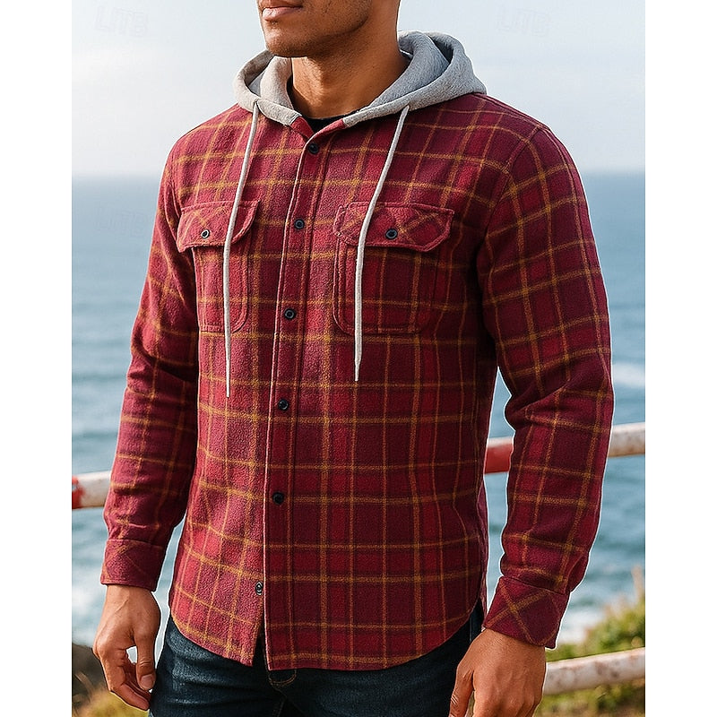 Hooded Plaid Shirt Jacket Men's Black Cream Flannel Button Front – Casual, Outdoor, Autumn Layering