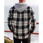 Hooded Plaid Shirt Jacket Men's Black Cream Flannel Button Front – Casual, Outdoor, Autumn Layering