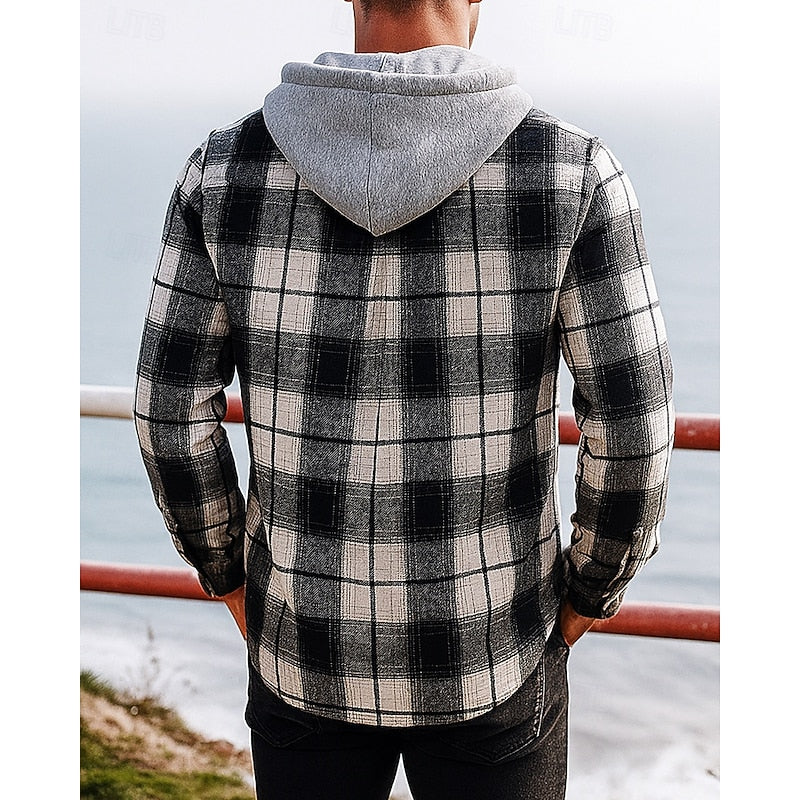 Hooded Plaid Shirt Jacket Men's Black Cream Flannel Button Front – Casual, Outdoor, Autumn Layering