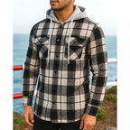 Hooded Plaid Shirt Jacket Men's Black Cream Flannel Button Front – Casual, Outdoor, Autumn Layering