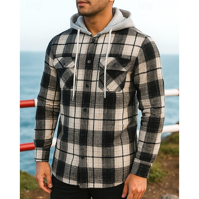 Hooded Plaid Shirt Jacket Men's Black Cream Flannel Button Front – Casual, Outdoor, Autumn Layering