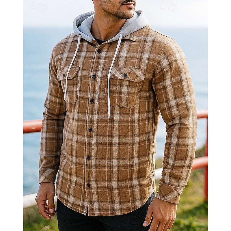 Hooded Plaid Shirt Jacket Men's Black Cream Flannel Button Front – Casual, Outdoor, Autumn Layering