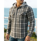 Hooded Plaid Shirt Jacket Men's Black Cream Flannel Button Front – Casual, Outdoor, Autumn Layering