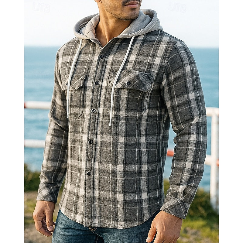 Hooded Plaid Shirt Jacket Men's Black Cream Flannel Button Front – Casual, Outdoor, Autumn Layering